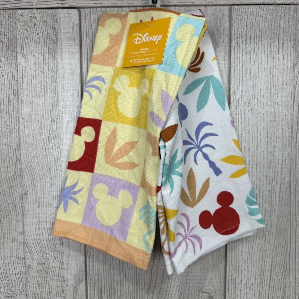 Mickey Mouse Set of 2 Summer Kitchen Dish Tea Towels Cotton 15”x26” Tropical New